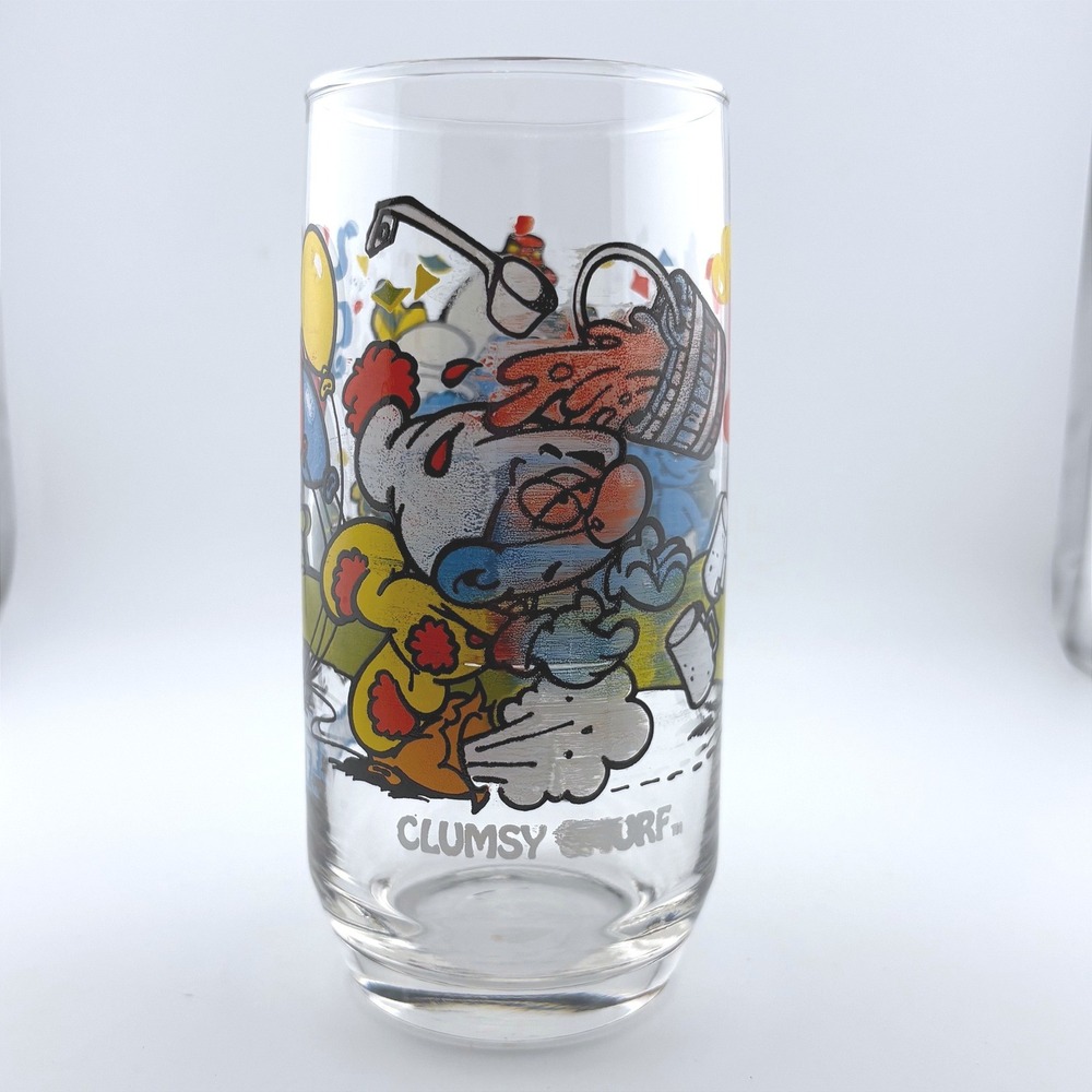 Vintage 1983 Smurfs Clumsy Smurf Glass Wallace Berrie Birthday Party Tumbler